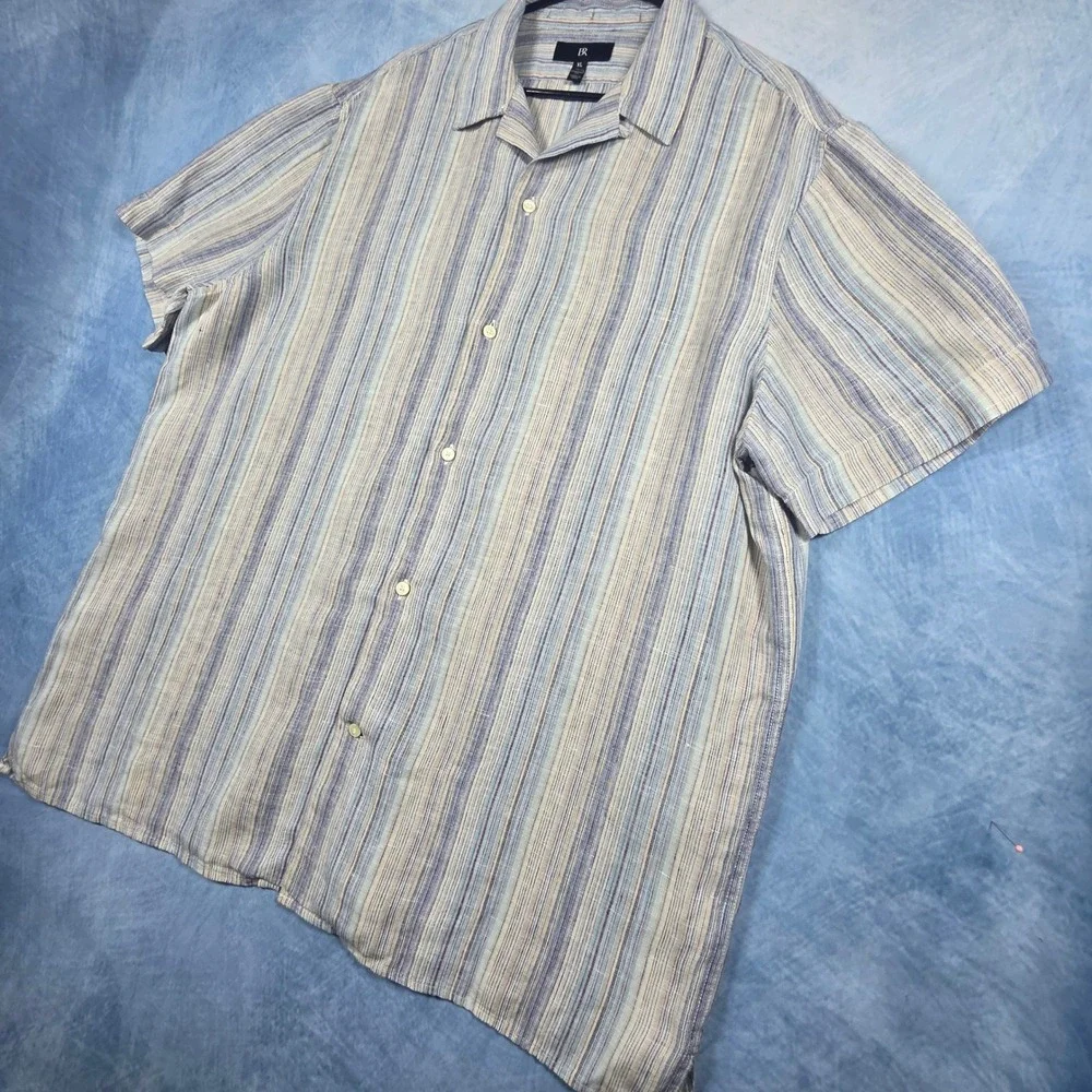 Banana Republic Mens XL Tall Linen Shirt Short Sleeve Striped Blue Tan Standard
